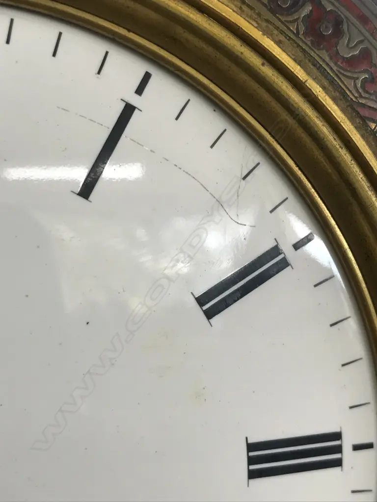 A French 19thC red tortoiseshell lacquer and boulle cut brass inlay mantel clock Image 1++