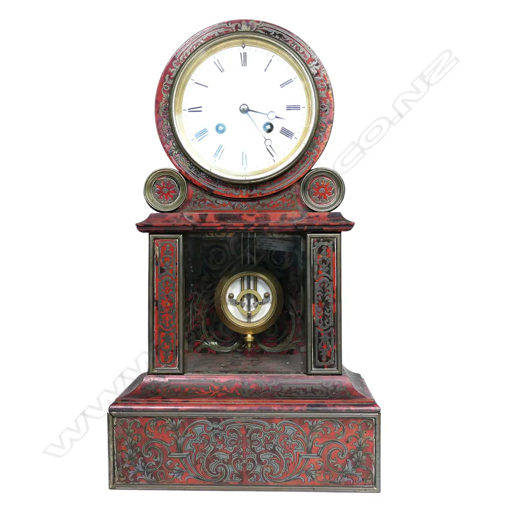 A French 19thC red tortoiseshell lacquer and boulle cut brass inlay mantel clock Image 1++