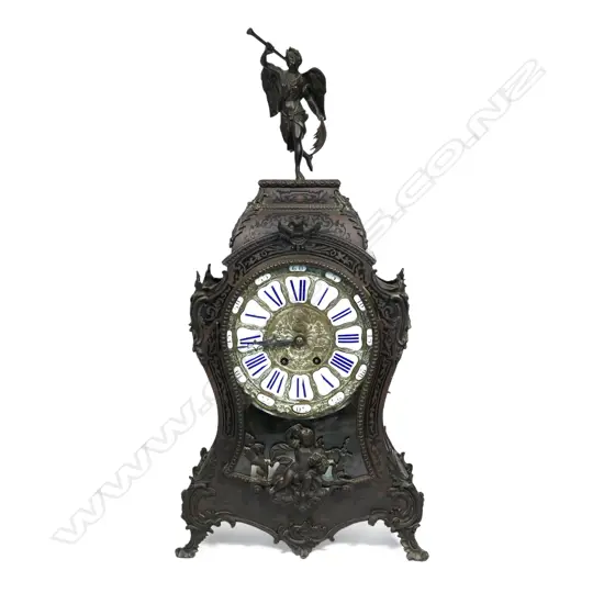 A Louis XVI-style mantel clock, the shaped case inlaid with cut brass Boulle work on black lacquered ground and heavily tarnished rococo ormolu mounts, surmounted by a pagoda top crowned by a standing heraldic angel figure. The cast dial with white enamel hour cartouches with blue Roman numerals, gong striking movement, sunburst pendulum above a sloping checkered floor, behind a glazed door mounted with a floral adorned putti. H.640mm.