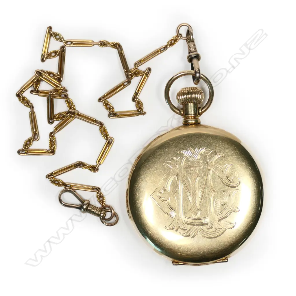 A good heavy 14ct gold cased hunter pocket watch, enamel dial with Roman numerals, signed 'Waltham USA', with subsidiary sunken seconds dial, monogramed front plate, presentation engraved gold dust cover dated 1936. 17 jewel movement engraved Royal A.W.W.Co., Waltham, Mass. Total weight 105gm, on 9ct gold fancy link chain 41cm (16"), 10gm. Image 1++