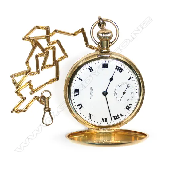 A good heavy 14ct gold cased hunter pocket watch, enamel dial with Roman numerals, signed 'Waltham USA', with subsidiary sunken seconds dial, monogramed front plate, presentation engraved gold dust cover dated 1936. 17 jewel movement engraved Royal A.W.W.Co., Waltham, Mass. Total weight 105gm, on 9ct gold fancy link chain 41cm (16"), 10gm.