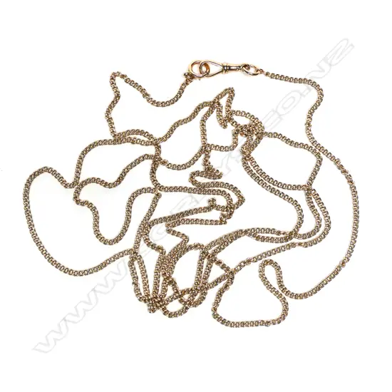 A good vintage 9ct yellow gold muff chain, uniform fine curb link with sprung ring and 'dog' clips attached. L.1440mm.