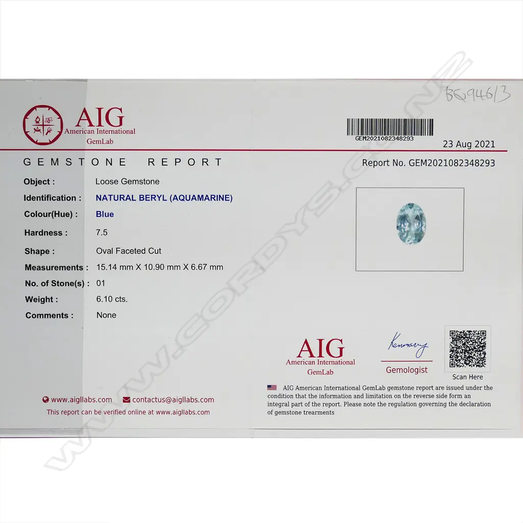 A 6.10ct loose aquamarine gemstone, oval facet cut. With AIG gem certificate. Image 1++