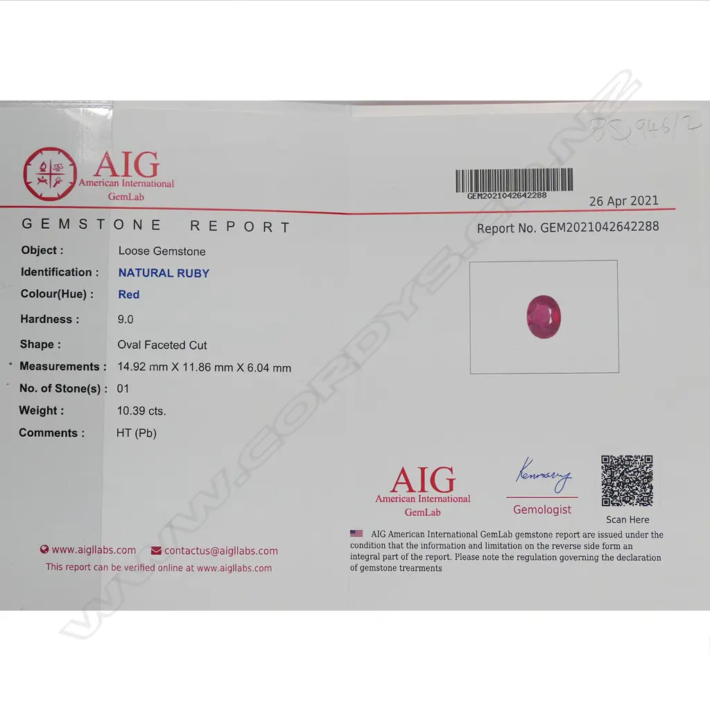 A natural 10.39ct loose ruby gemstone, oval facet cut. With AIG certificate stating 'Comments: HT (Pb). Indications of clarity enhancement with lead glass'. Image 1++