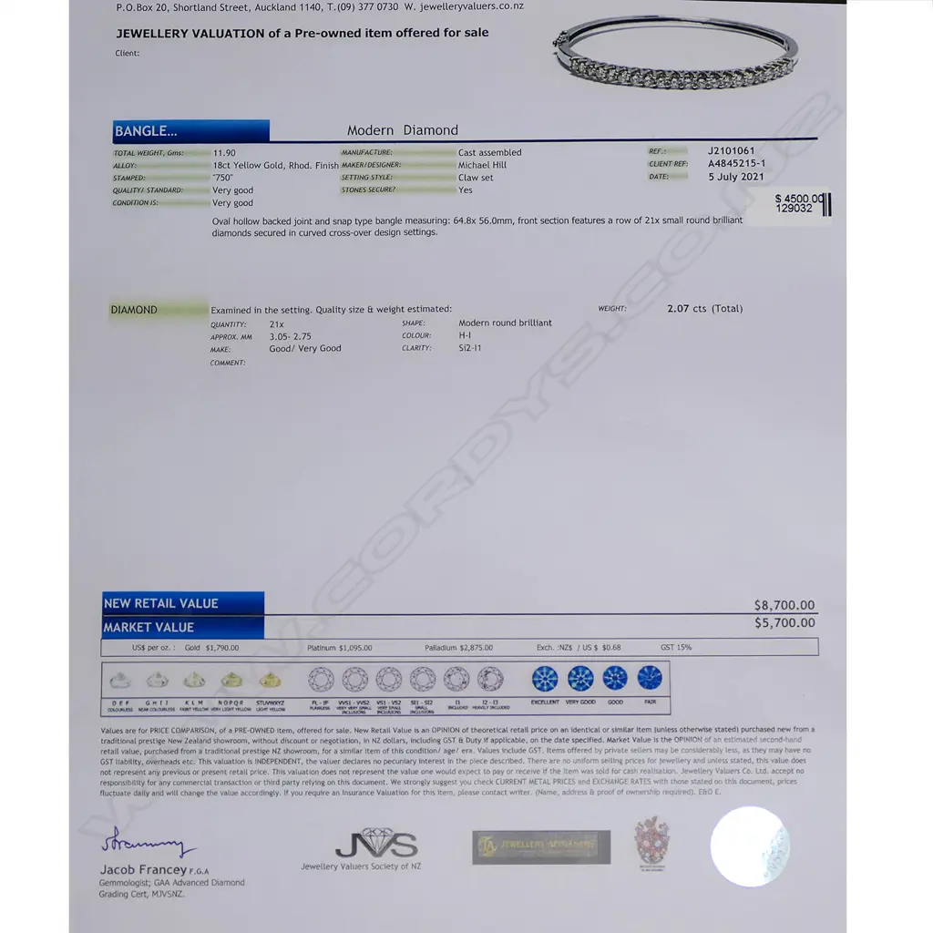 An 18ct white gold and diamond set half hinged bangle, the top with 21 round brilliant cut diamonds of TDW. 2.07ct secured in curved cross-over design settings. Graded H-I and SI-I1. 11.90gms. Valuation available. Image 1++