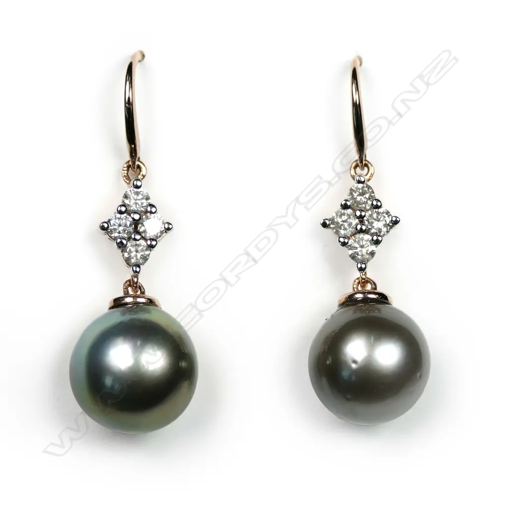 A pair of 14ct rose gold and cultured Tahitian pearl drop earrings, each earring set with a round, grey cultured Tahitian pearl, suspended from four round brilliant cut diamonds (L-M colour, SI2 clarity) earrings with hooks for pierced ears, TDW 0.50ct. Image 1++