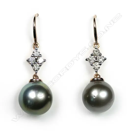 A pair of 14ct rose gold and cultured Tahitian pearl drop earrings, each earring set with a round, grey cultured Tahitian pearl, suspended from four round brilliant cut diamonds (L-M colour, SI2 clarity) earrings with hooks for pierced ears, TDW 0.50ct.
