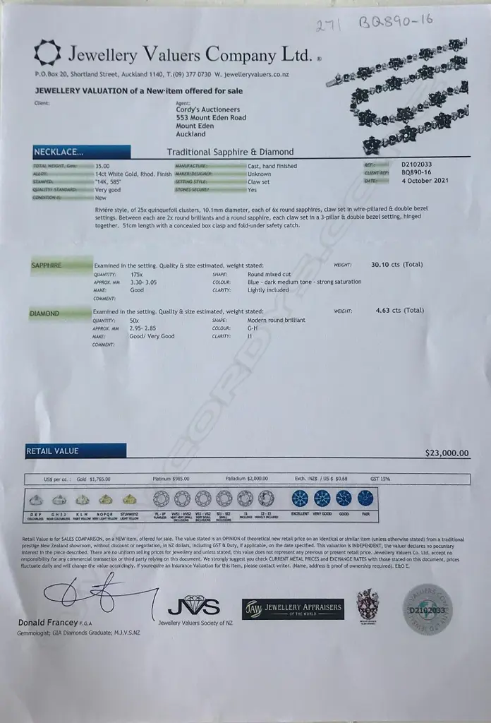 A 14ct white gold blue sapphire and diamond floral necklace Image 1++