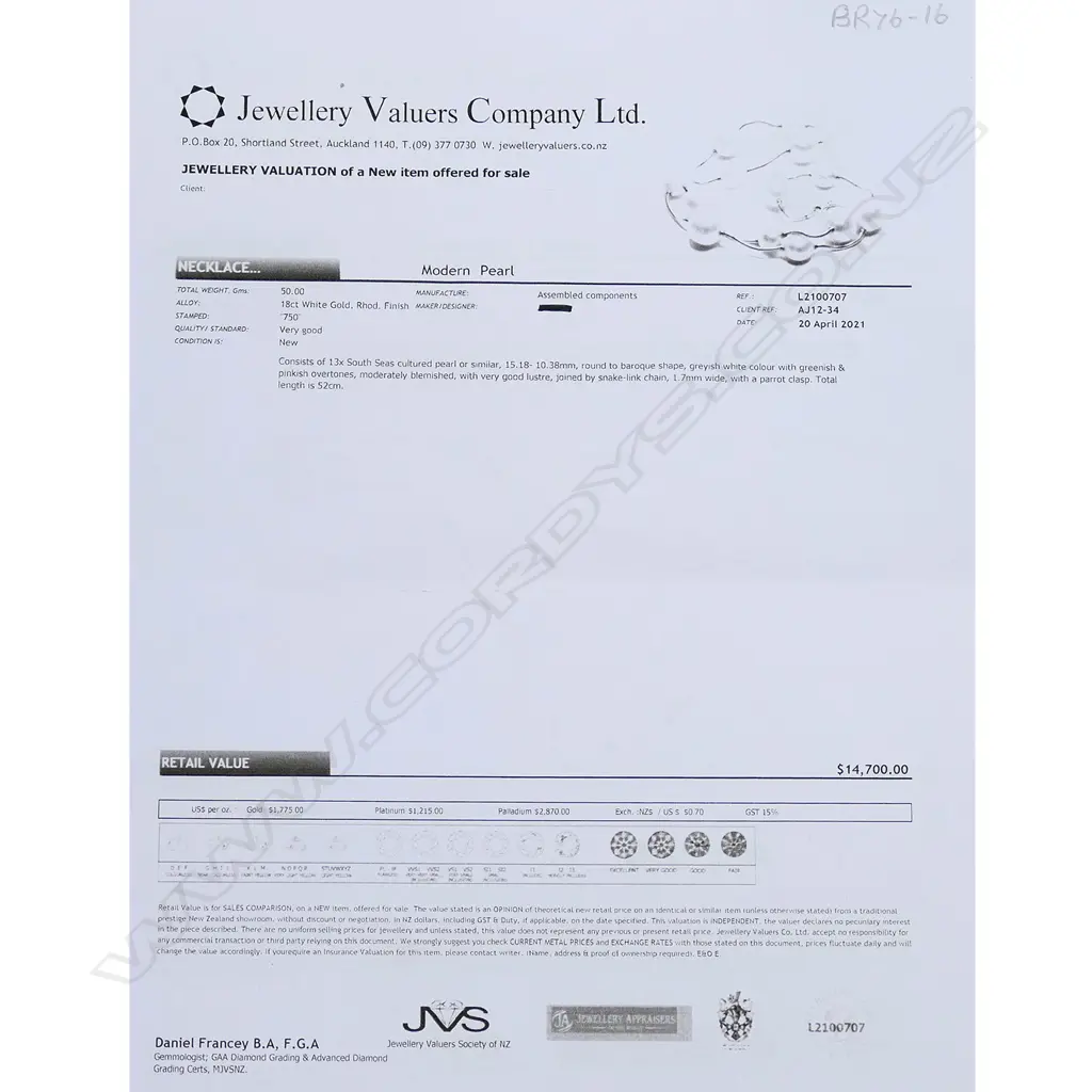 An 18ct white gold and South Sea pearl necklace, thirteen 10.38mm - 15mm white South Sea cultured pearls joined by a snake link chain with parrot clasp. L.520mm.  Valuation available. Image 1++