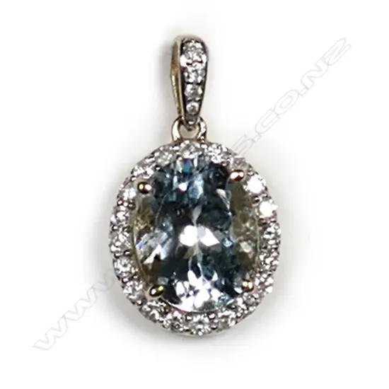 A 14ct gold, aquamarine and diamond halo pendant, a 2.85ct oval cut greyish-blue aquamarine (eye clean clarity), claw set and surrounded by a halo of twenty round brilliant cut diamonds, with a further four diamonds in the suspension bale, (G-H colour, SI1-I2 clarity), TDW 0.34ct.