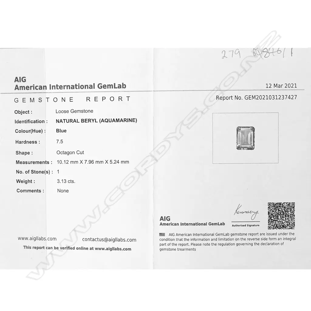 A 14k white gold aquamarine diamond and sapphire ring, the octagonal cut 3.13ct aquamarine framed by rows of small sapphires and diamonds, further diamonds to the forked shoulders. With AIG certificate and valuation available. Image 1++