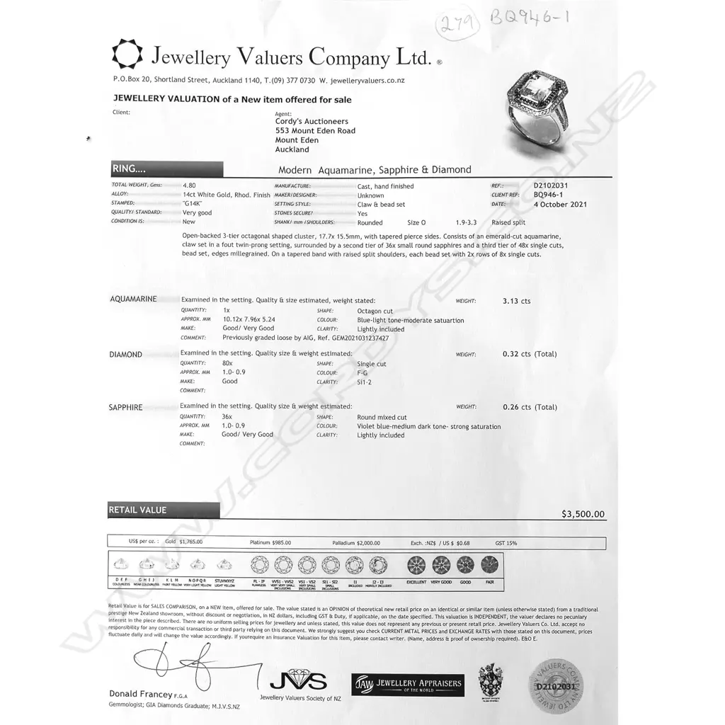A 14k white gold aquamarine diamond and sapphire ring, the octagonal cut 3.13ct aquamarine framed by rows of small sapphires and diamonds, further diamonds to the forked shoulders. With AIG certificate and valuation available. Image 1++