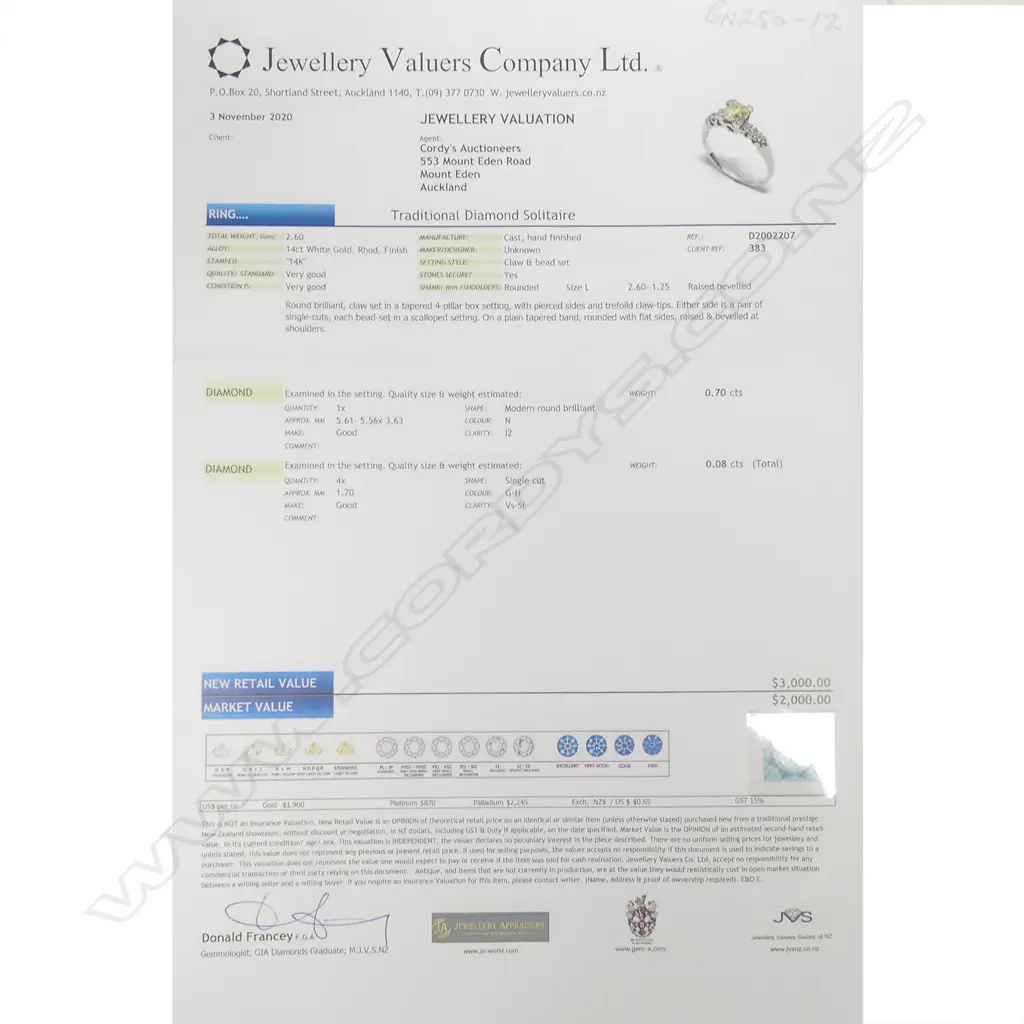 A 14ct white gold and diamond ring, a 0.74ct round brilliant cut diamond claw set with two brilliant cut diamonds to each shoulder, TDW 0.82ct. Valuation available. Image 1++
