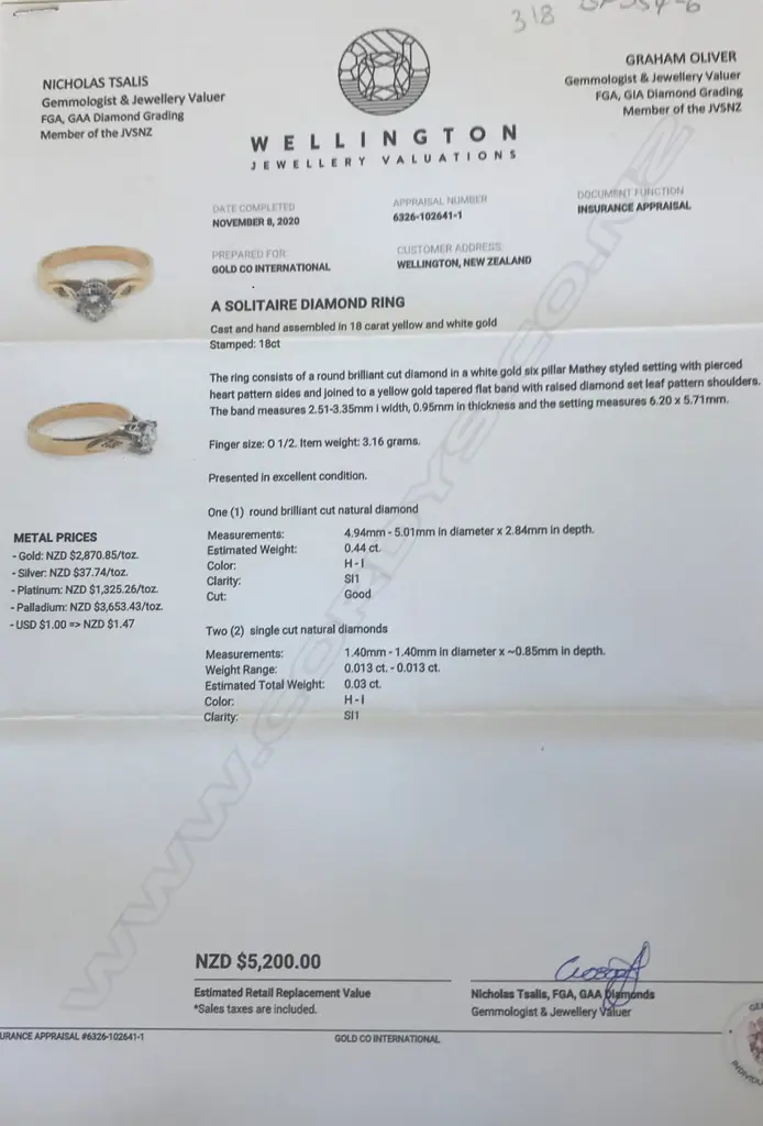 An 18ct gold diamond solitaire ring, the round brilliant cut of 0.44ct graded H-I and SI1, framed by two single cut diamonds. Valuation available. Image 1++