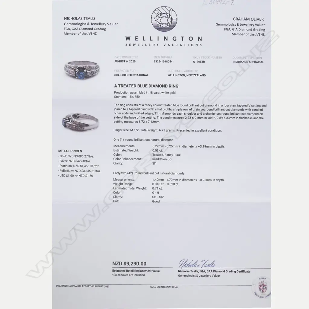 An 18ct white gold treated blue diamond ring, the 'fancy colour' round brilliant cut diamond of 0.53ct in four claw tapered V setting flanked by a triple row of 42 grain set round brilliant cut diamonds, TDW 0.71ct. Valuation available. Image 1++