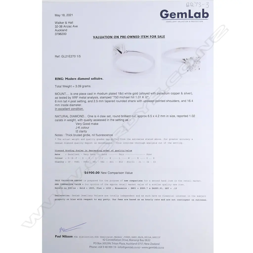 An 18ct white gold and diamond solitaire ring, the 1.02ct round brilliant cut diamond claw set, (Colour J-K, Clarity I2). Valuation available. Image 1++