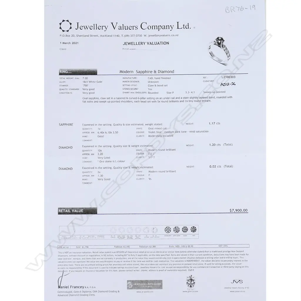 An 18ct white gold sapphire and diamond ring, the 1.17ct oval mixed cut violet blue sapphire claw set with six round modern brilliant diamonds set to each upswept shoulder, TDW 1.22ct.  Valuation available. Image 1++