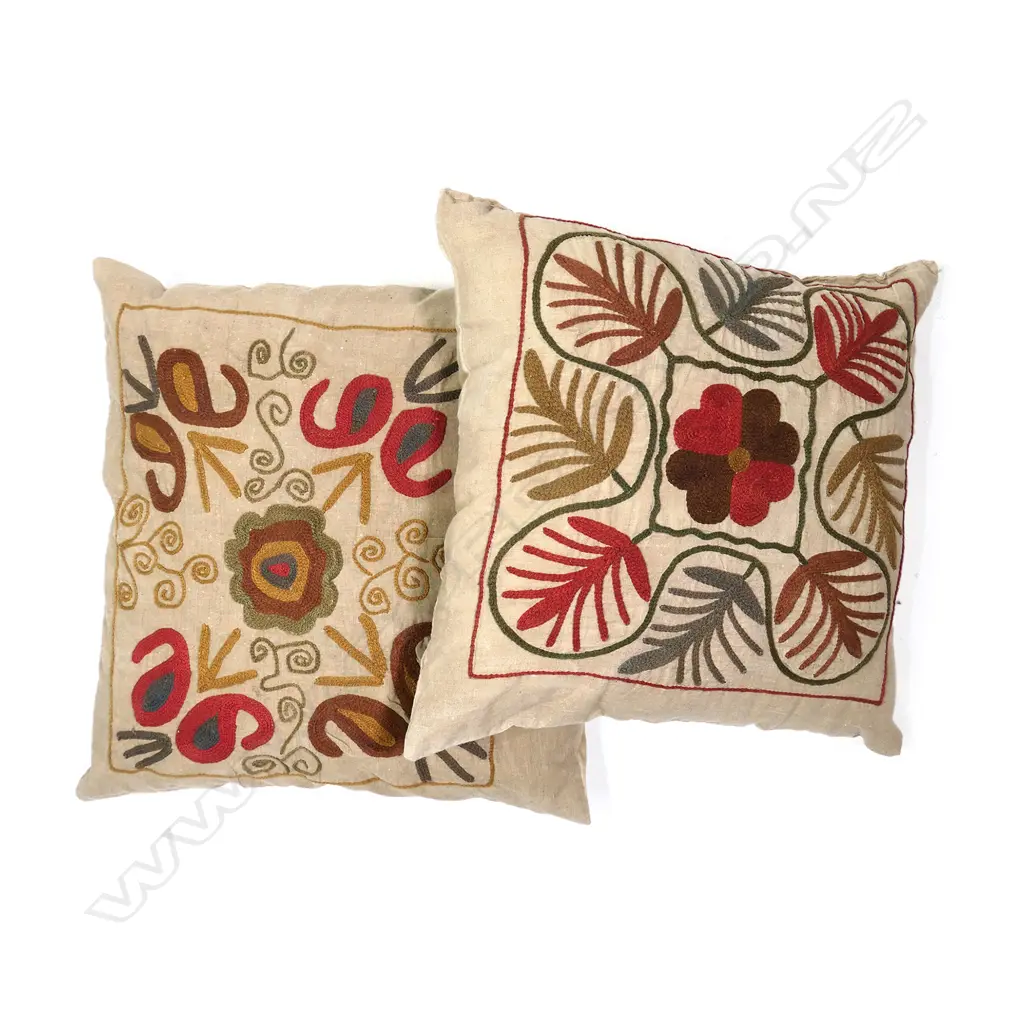 Two Uzbek Suzani chain stitch decorated cushions, Image 1++