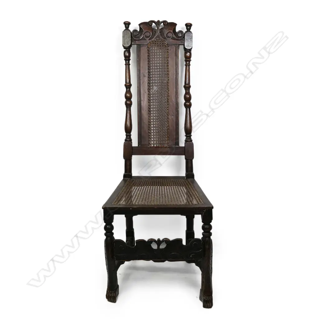 A George III fruitwood Jacobean style chair, panelled cane seat and high back. Some old repairs and borer. Image 1++