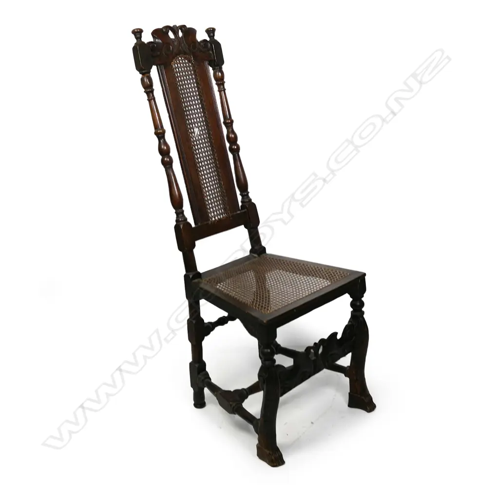 A George III fruitwood Jacobean style chair, panelled cane seat and high back. Some old repairs and borer. Image 1++