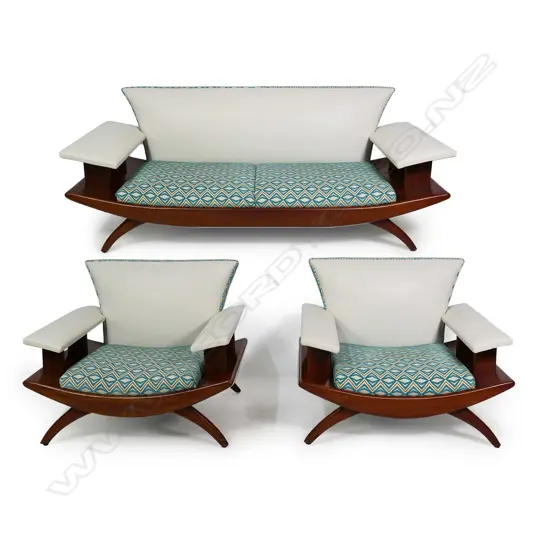 A 1955 McKenzie & Willis (Christchurch, NZ) three-piece 'banana' lounge suite