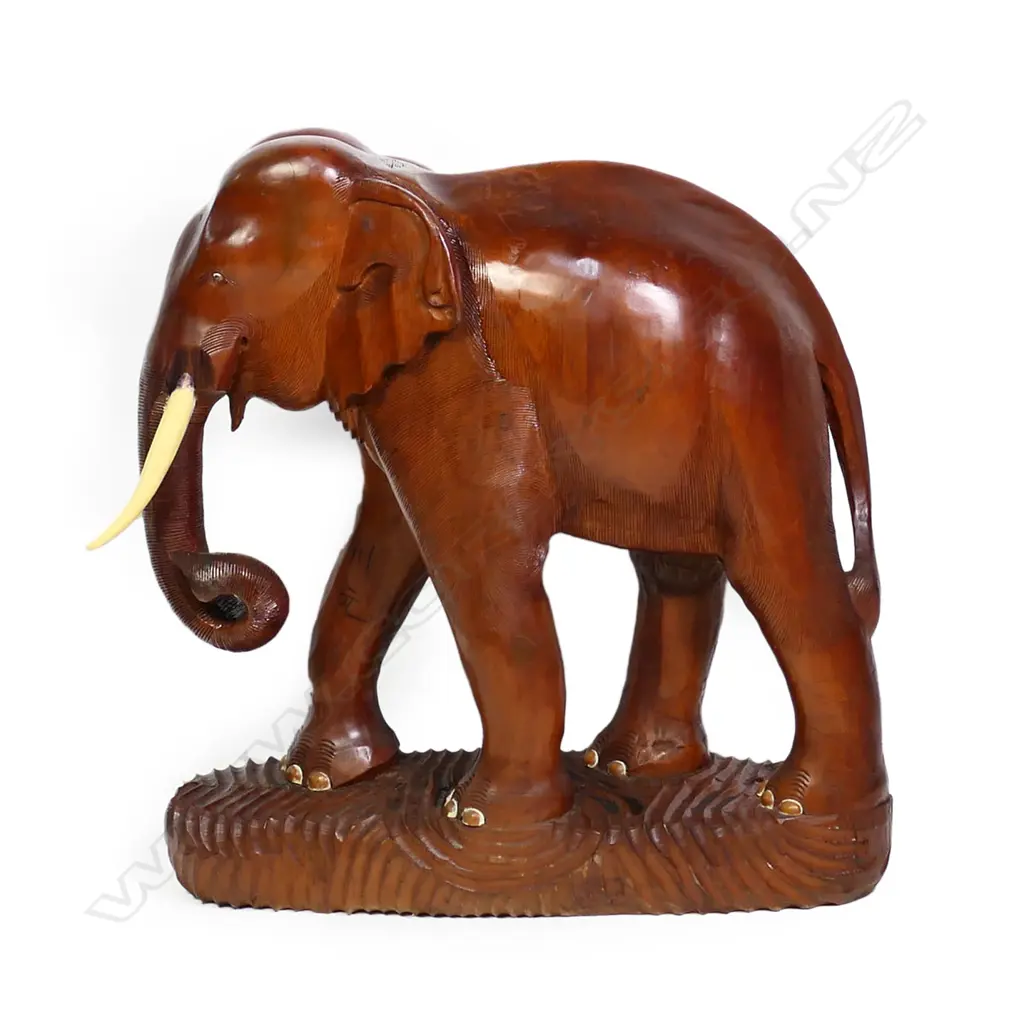 A rare large one piece carved teak Siamese elephant sculpture, cream painted tusks. On integral ribbed base. L.850mm. H.840mm. C.1960's. Image 1++