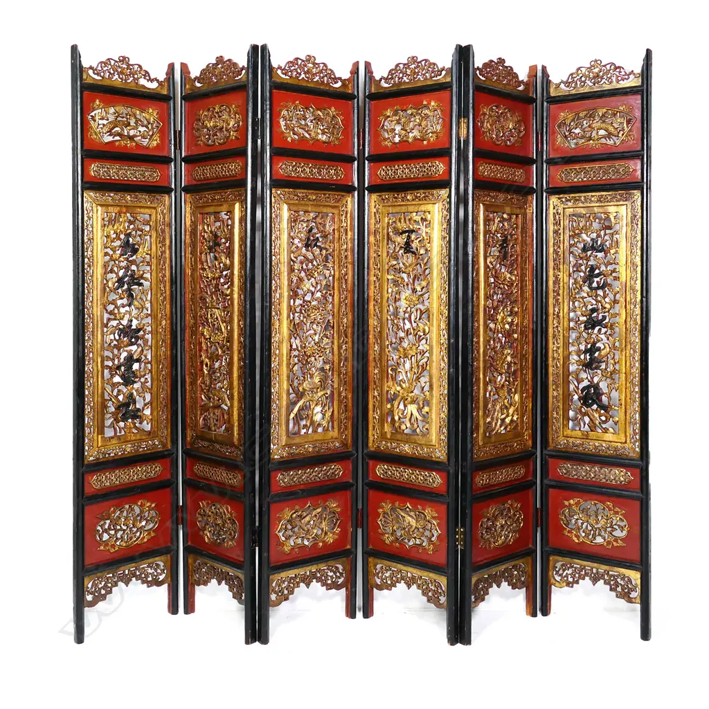 A 19thC six-fold Chinese screen, each panel with pierced decoration of calligraphy, birds and flowering branches, gilded with black and red paint finish, each panel measures 400 x 2050mm. Image 1++
