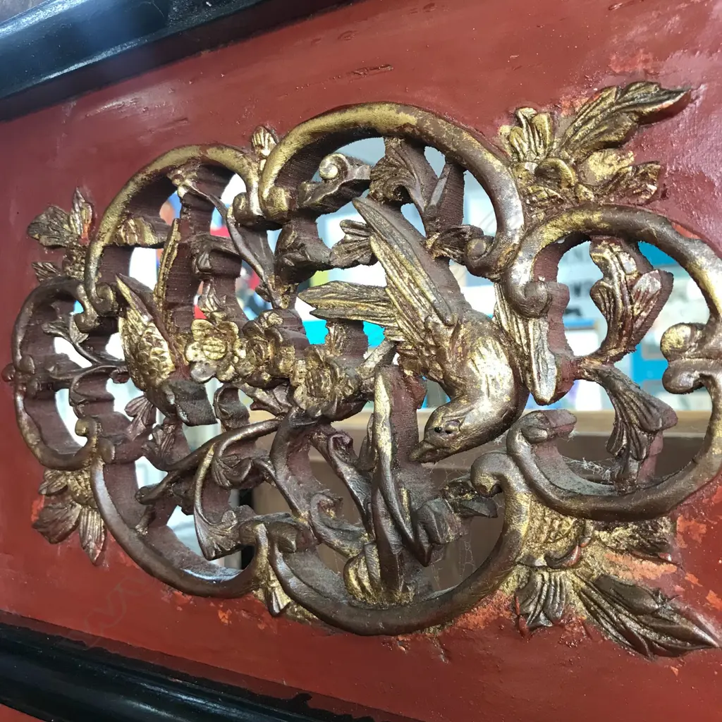 A 19thC six-fold Chinese screen, each panel with pierced decoration of calligraphy, birds and flowering branches, gilded with black and red paint finish, each panel measures 400 x 2050mm. Image 1++