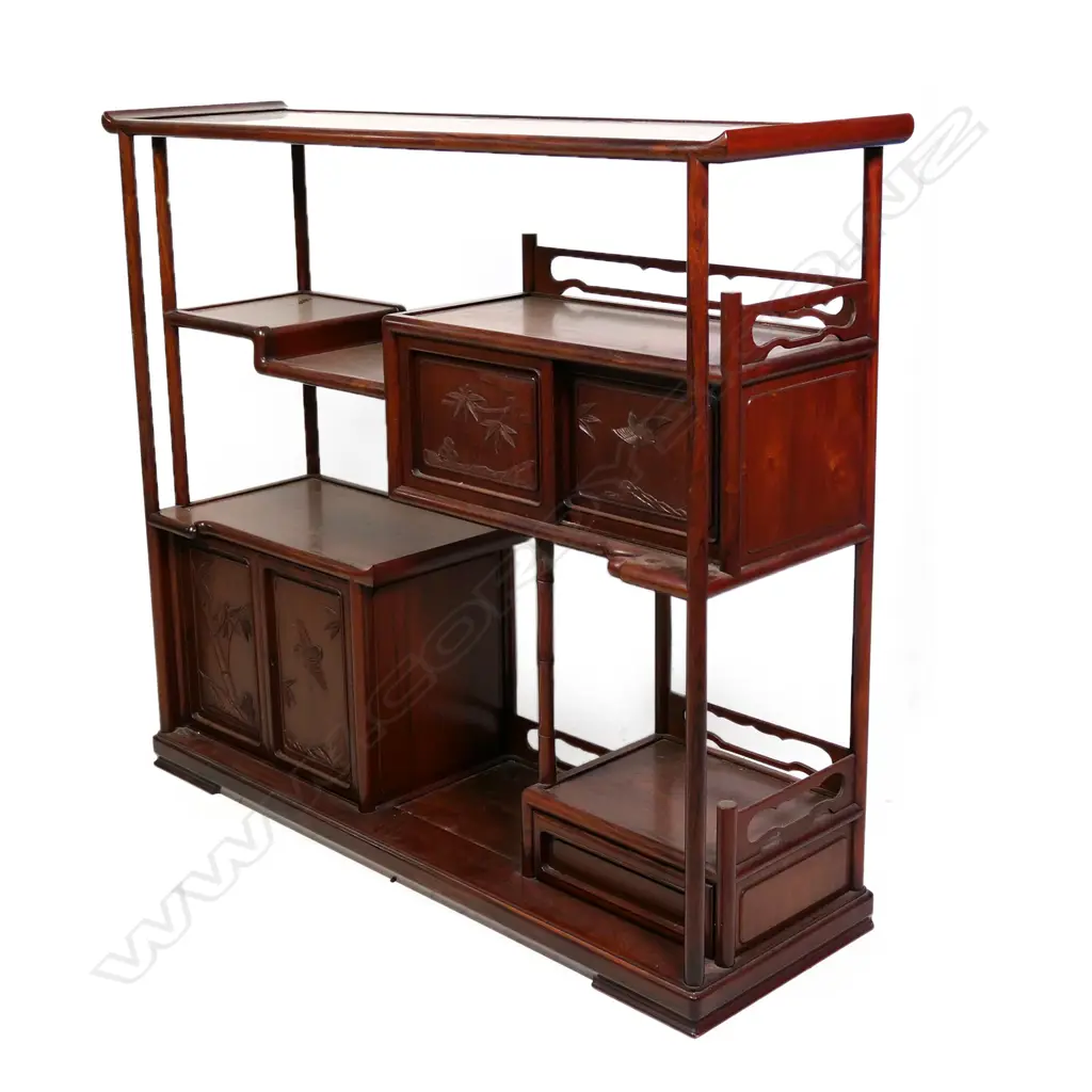 A good Chinese rosewood vintage display cabinet, with multiple open tiers, two pairs of doors and single drawer, rounded supports and plain cylinder columns, carved relief bamboo and bird decoration. 1115 x 320 x 970mm. Image 1++