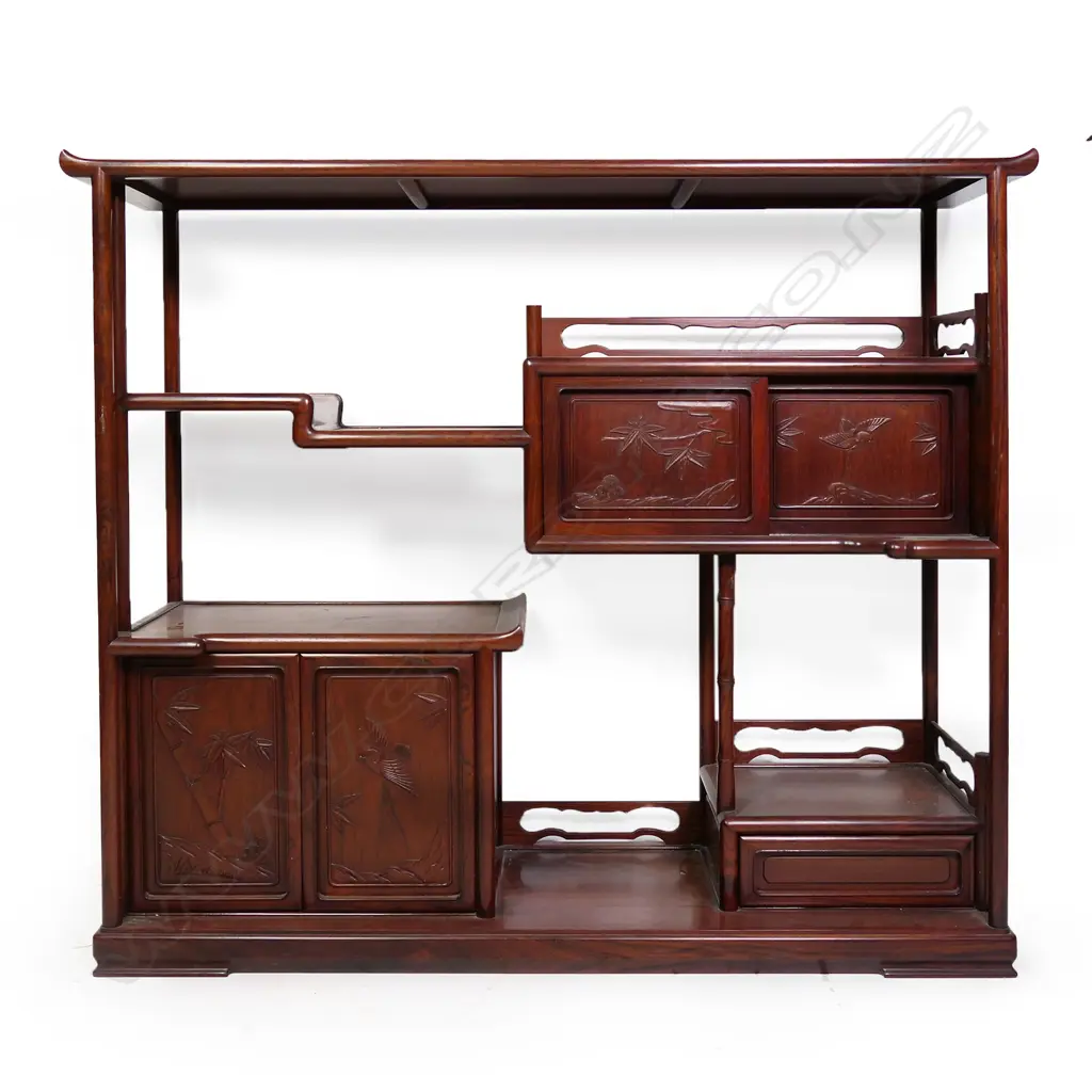 A good Chinese rosewood vintage display cabinet, with multiple open tiers, two pairs of doors and single drawer, rounded supports and plain cylinder columns, carved relief bamboo and bird decoration. 1115 x 320 x 970mm. Image 1++