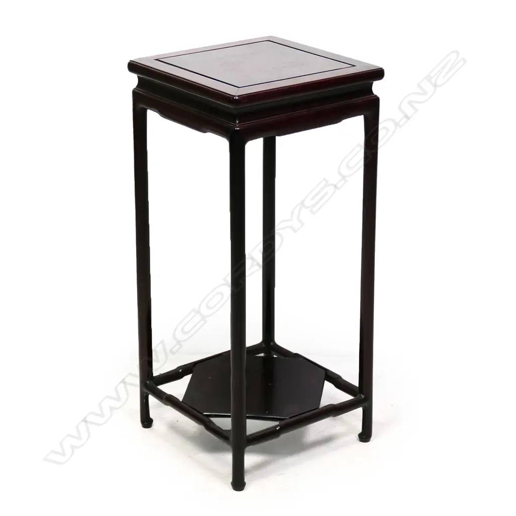 A vintage Chinese rosewood vase stand, square form with plain round cylinder supports. 245 x 245 x 545mm. Image 1++