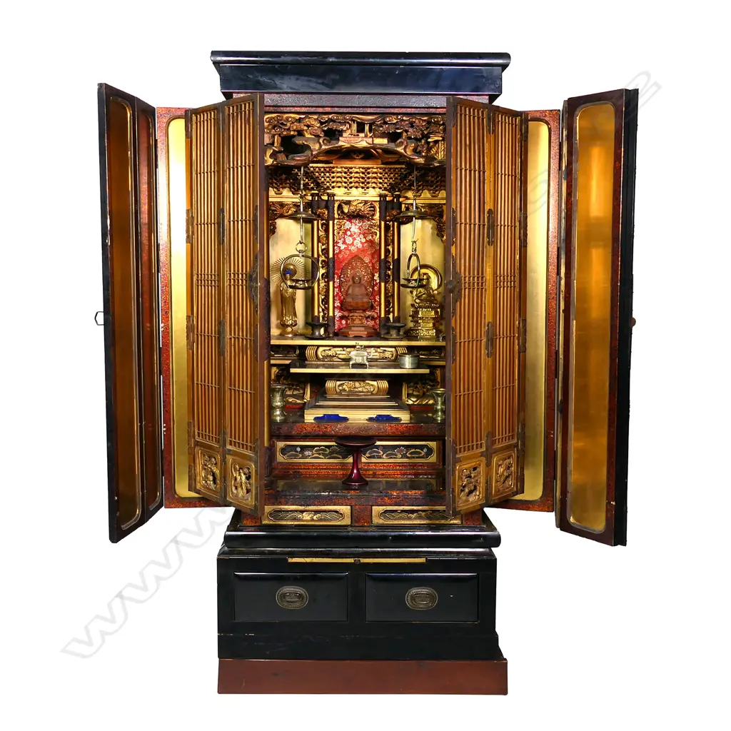 An early 20thC Japanese black lacquer cypress house shrine, Image 1++