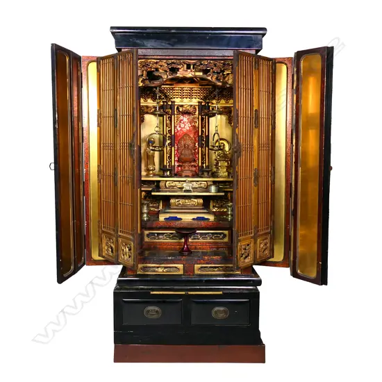 An early 20thC Japanese black lacquer cypress house shrine,