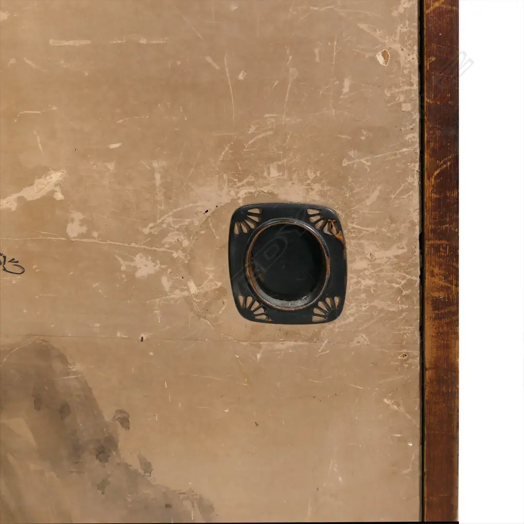 A  large Japanese sumi-e traditional ink painting/screen of four cedar framed panels, decorated with a pair of ducks and a jumping carp depicted under an ancient overhanging plum branch with flowers emerging in early spring. Early 1900’s. Signed. Some marks and damage. H.1770, W.3880mm Image 1++