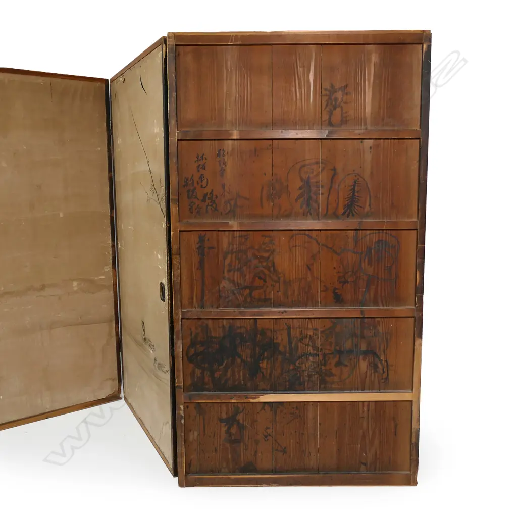 A  large Japanese sumi-e traditional ink painting/screen of four cedar framed panels, decorated with a pair of ducks and a jumping carp depicted under an ancient overhanging plum branch with flowers emerging in early spring. Early 1900’s. Signed. Some marks and damage. H.1770, W.3880mm Image 1++