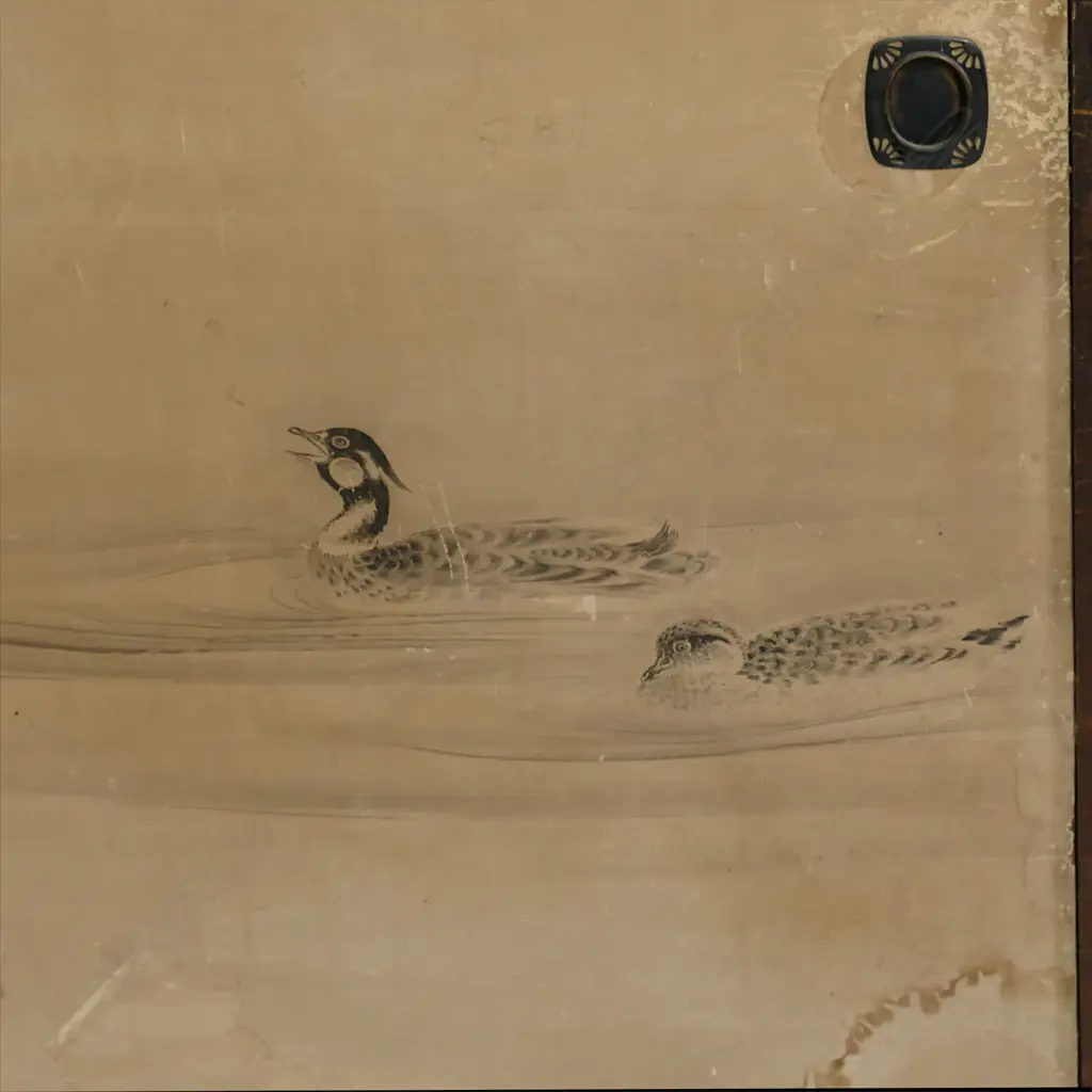 A  large Japanese sumi-e traditional ink painting/screen of four cedar framed panels, decorated with a pair of ducks and a jumping carp depicted under an ancient overhanging plum branch with flowers emerging in early spring. Early 1900’s. Signed. Some marks and damage. H.1770, W.3880mm Image 1++