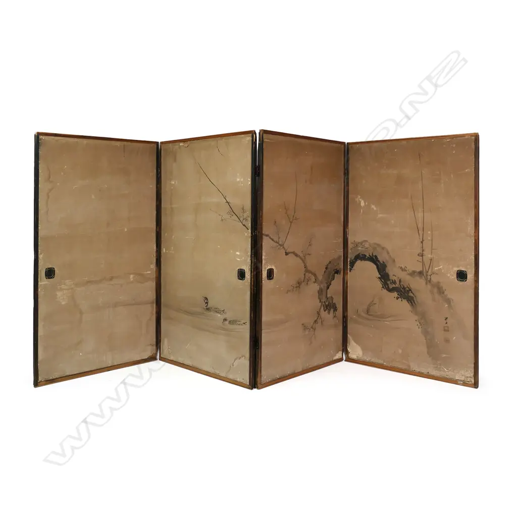 A  large Japanese sumi-e traditional ink painting/screen of four cedar framed panels, decorated with a pair of ducks and a jumping carp depicted under an ancient overhanging plum branch with flowers emerging in early spring. Early 1900’s. Signed. Some marks and damage. H.1770, W.3880mm Image 1++