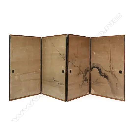 A  large Japanese sumi-e traditional ink painting/screen of four cedar framed panels, decorated with a pair of ducks and a jumping carp depicted under an ancient overhanging plum branch with flowers emerging in early spring. Early 1900’s. Signed. Some marks and damage. H.1770, W.3880mm