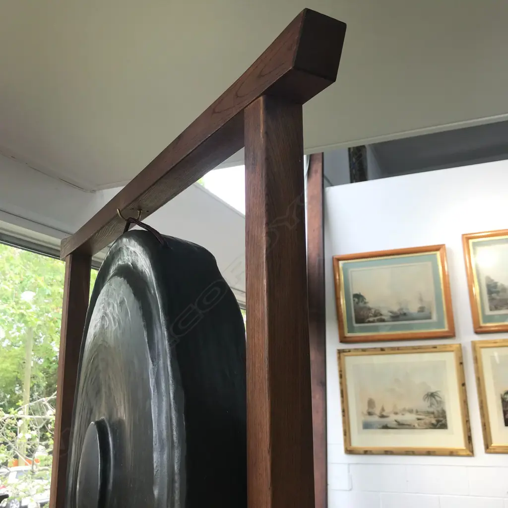 A large old Japanese bronze temple gong in wooden stand Image 1++