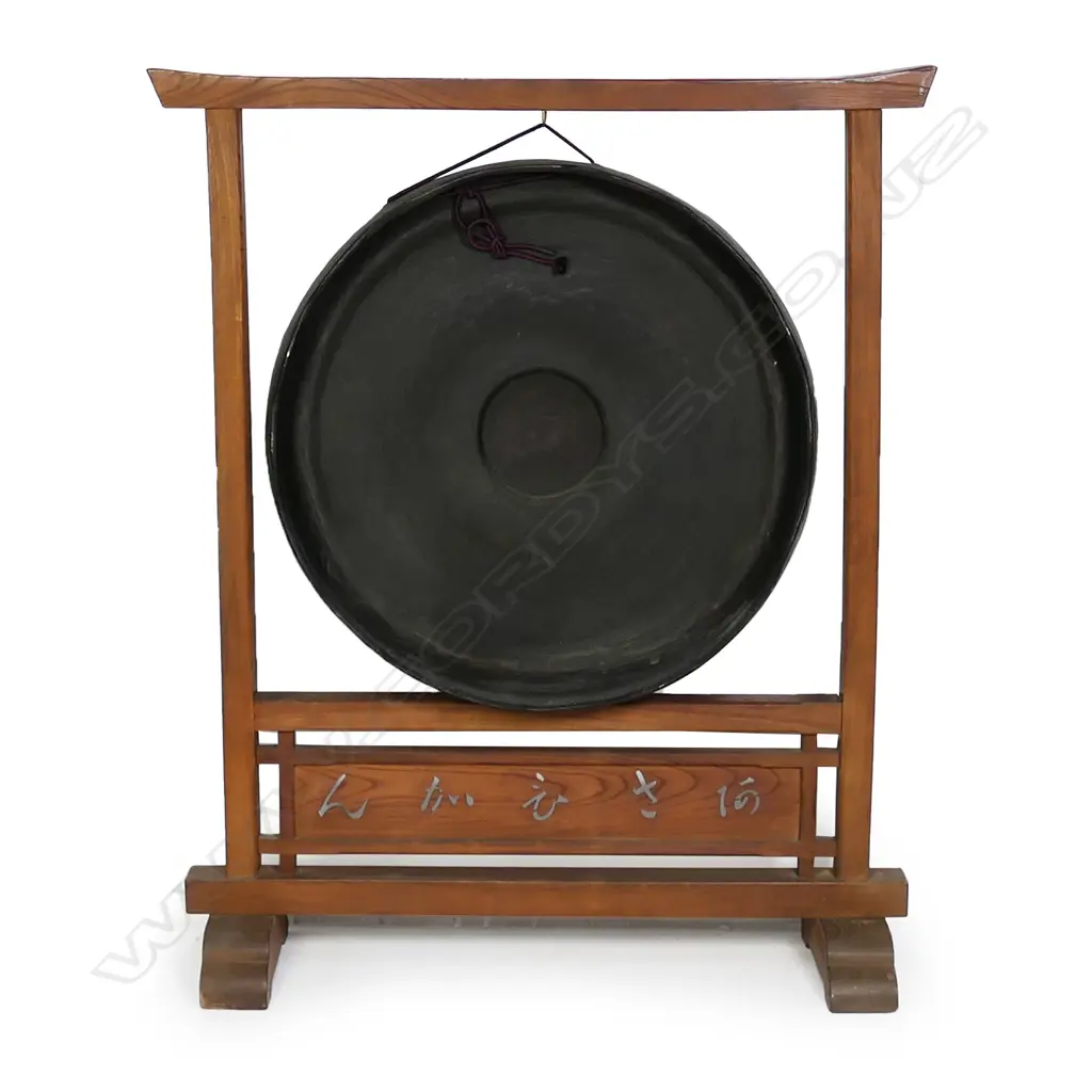 A large old Japanese bronze temple gong in wooden stand Image 1++
