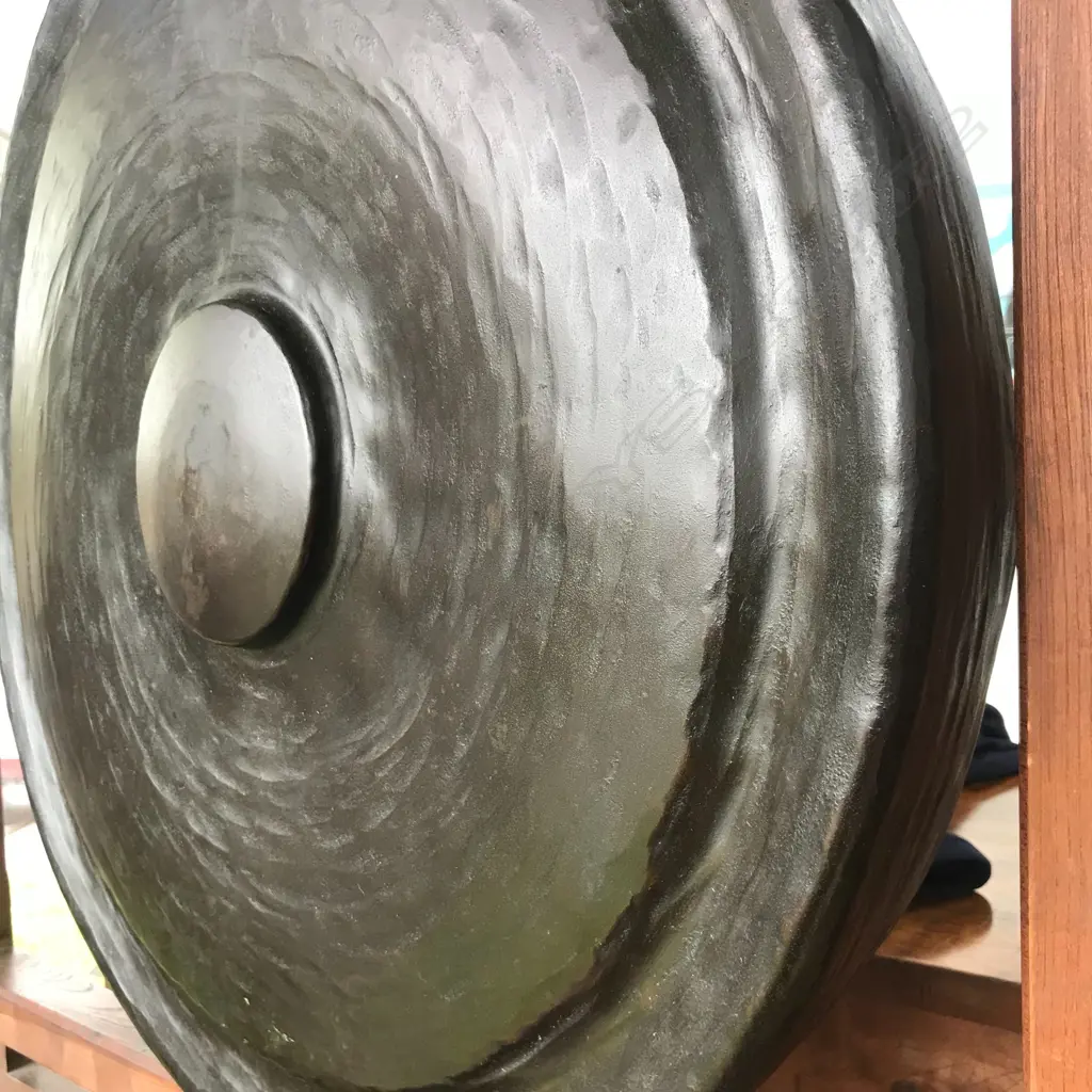 A large old Japanese bronze temple gong in wooden stand Image 1++