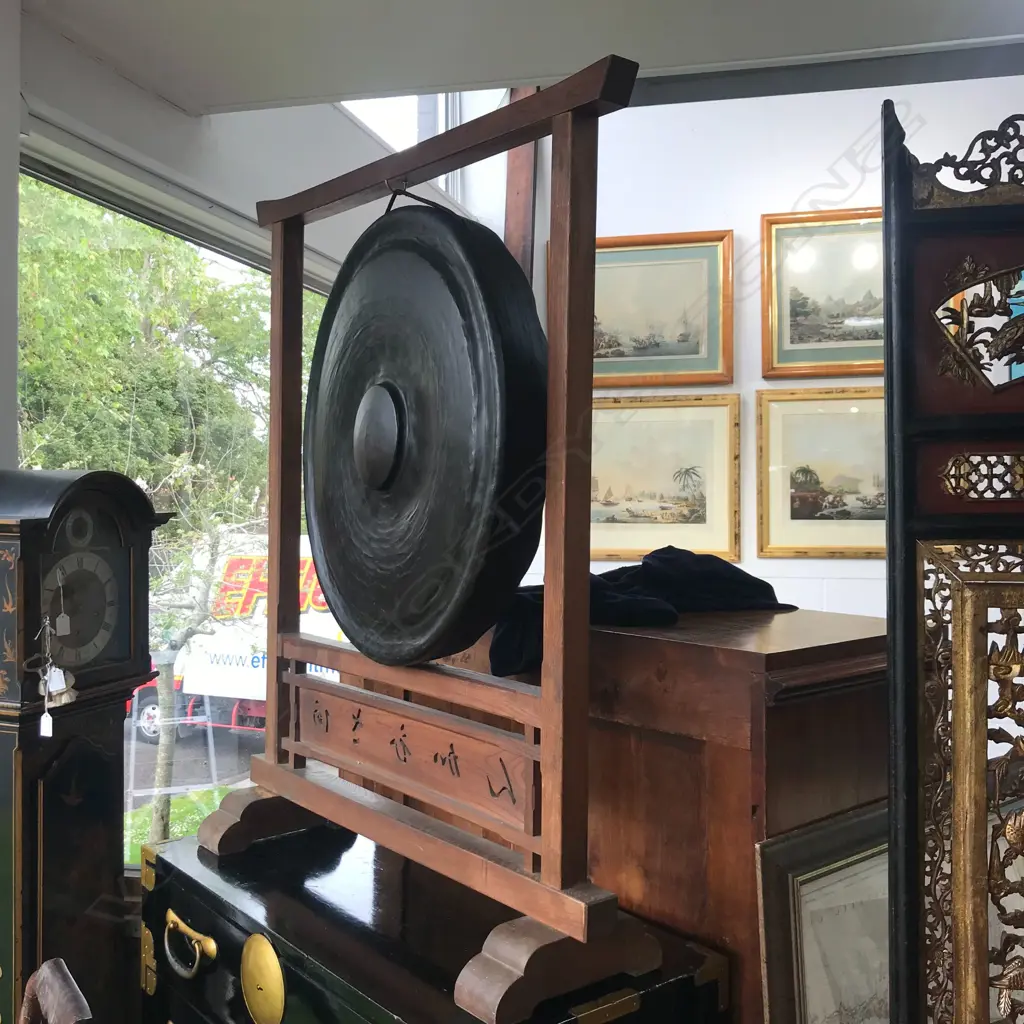 A large old Japanese bronze temple gong in wooden stand Image 1++