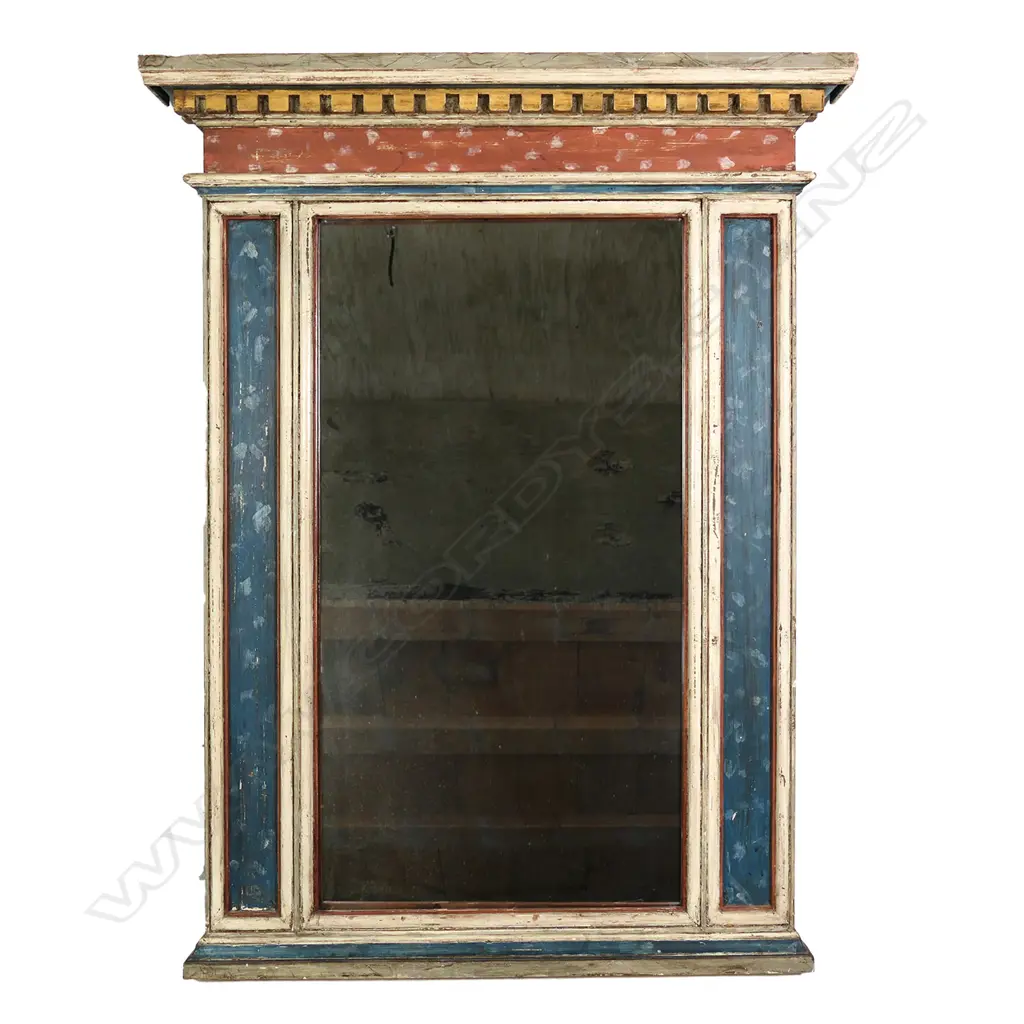 A vintage over mantel mirror, with aged Scandinavian-style paint finish in cream, red, blue and yellow.  840 x 1120mm. Image 1++