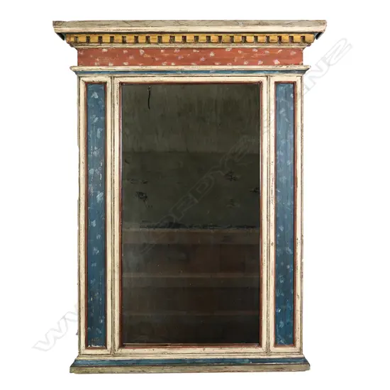 A vintage over mantel mirror, with aged Scandinavian-style paint finish in cream, red, blue and yellow.  840 x 1120mm.