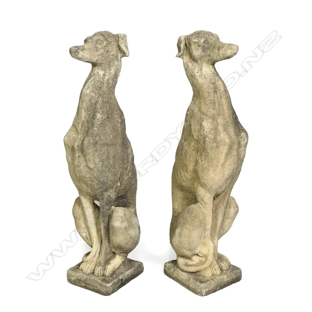A pair of classical Church Stone greyhounds, in seated position, on small plinth base, weathered patina. H.750mm. Image 1++
