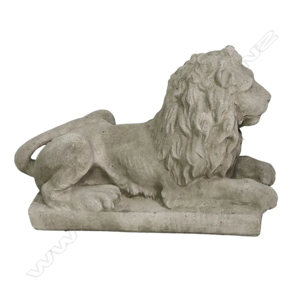 A pair of large classical recumbent concrete lions, each on rectangular plinth base. 800 x 290 x 530mm. After Sir Edwin Landseer famous sculptures of the four lions at the base of Nelson's Column in Trafalgar Square, London. Image 1++