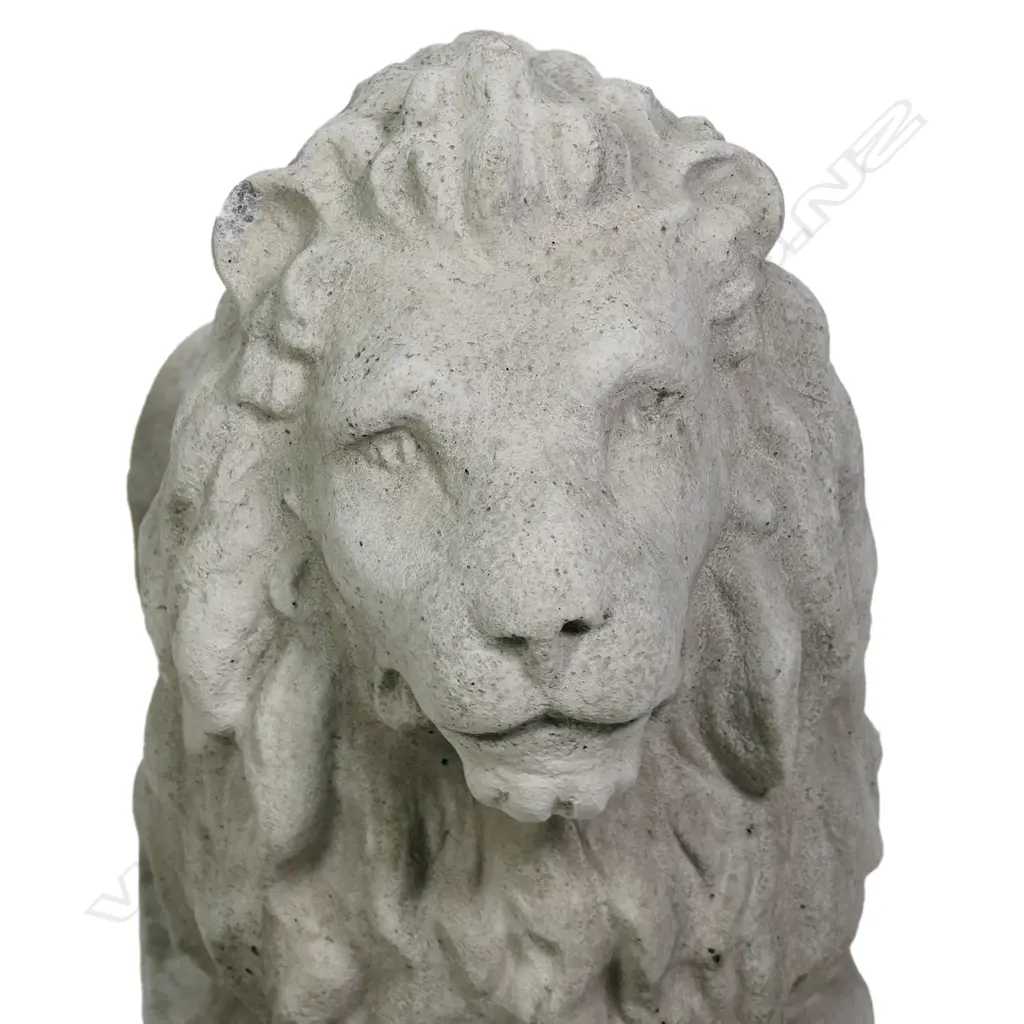 A pair of large classical recumbent concrete lions, each on rectangular plinth base. 800 x 290 x 530mm. After Sir Edwin Landseer famous sculptures of the four lions at the base of Nelson's Column in Trafalgar Square, London. Image 1++