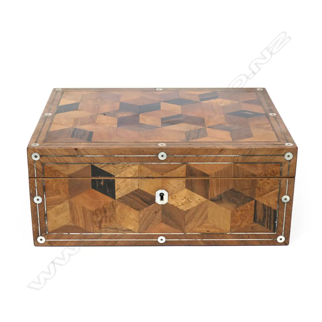 A good Victorian exotic woods, parquetry inlaid work box, Image 1++
