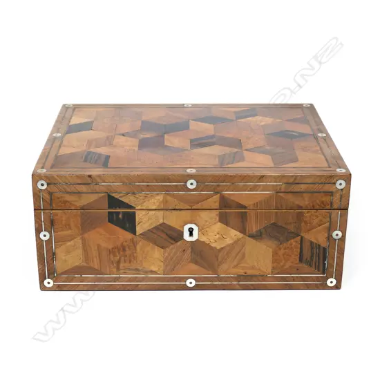 A good Victorian exotic woods, parquetry inlaid work box,