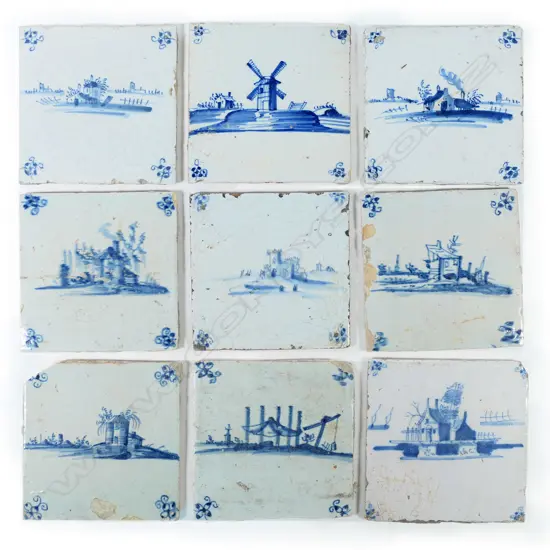 Nine antique hand painted Delft tiles,